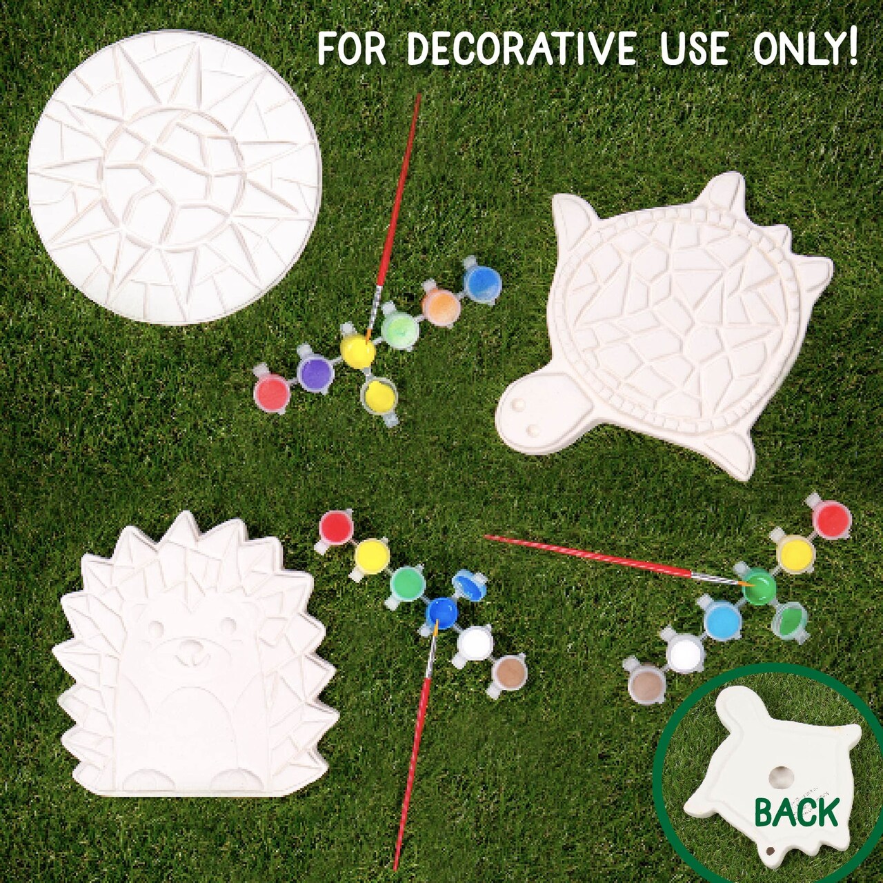 Mosaic Turtle, Hedgehog, & Sun Stepping Stone, Includes 3-Pack 7-Inch Ceramic Stepping Stone & 6 Vibrant Paints, Paint Your Own & DIY Stepping Stone for Kids Ages 8+